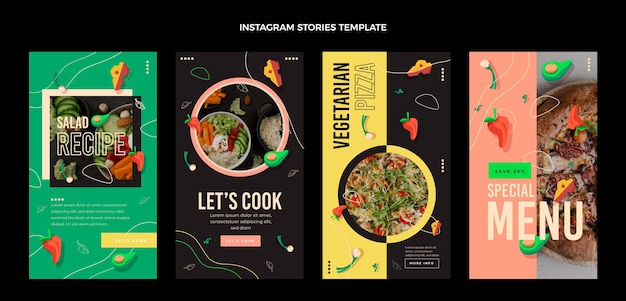 Vettore storie di instagram di cibo dal design piatto