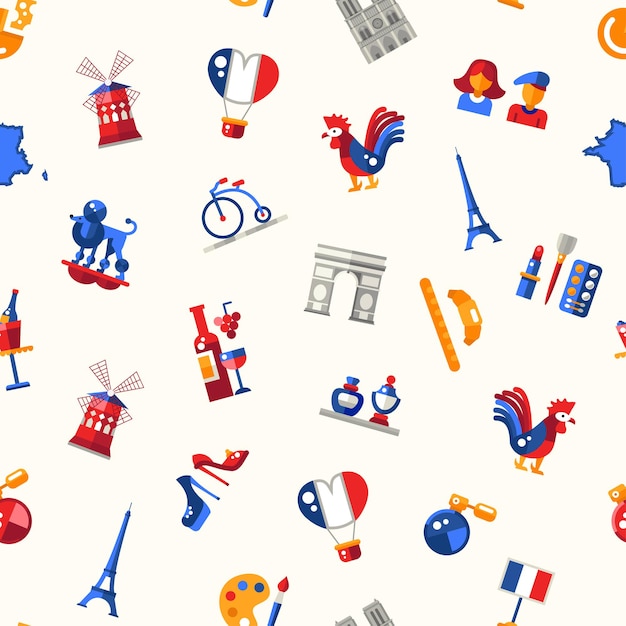 Flat design france travel seamless pattern with icons and infographics elements