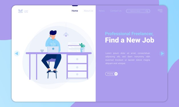 Vector flat design freelancer, find new job illustrations on the landing page template