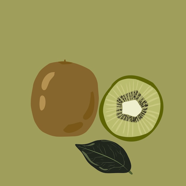 Vettore design piatto kiwi fresco disegno vettoriale con decorazione foglia di kiwi