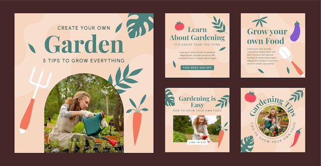 Vector flat design gardening instagram posts