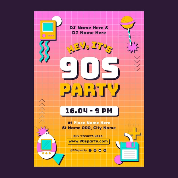 Flat design geometric 90s party poster template