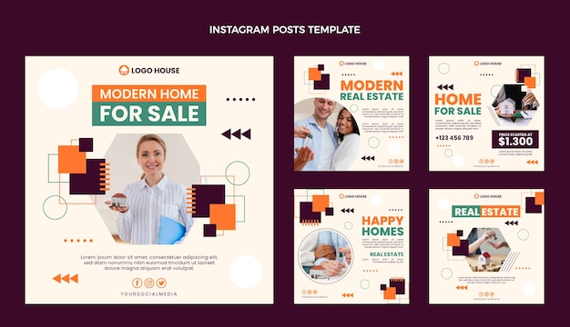 Vector flat design geometric real estate instagram posts