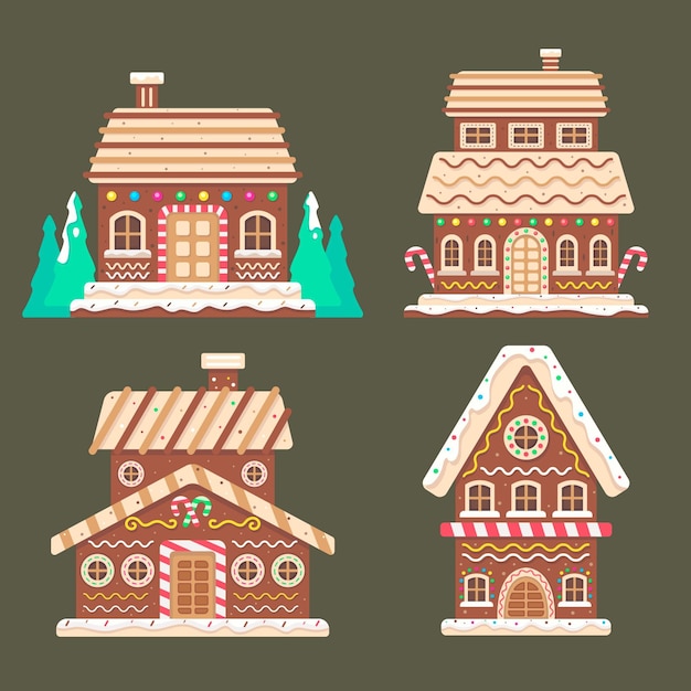 Flat design gingerbread house collection