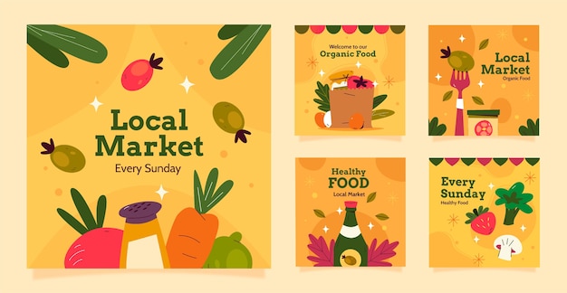 Vector flat design grocery store instagram posts