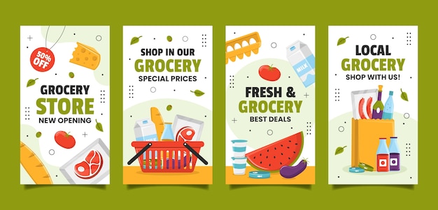 Vector flat design grocery store instagram stories