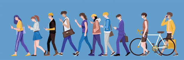 Vector flat design, group of young people using smartphone, texting and talking.