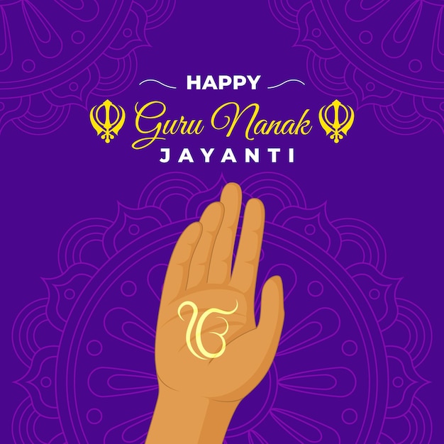 Sfondo di design piatto guru nanak jayanti con la mano