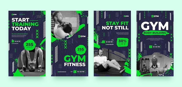 Vector flat design gym instagram stories design template