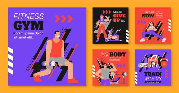 Vector flat design gym training instagram posts