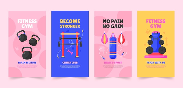 Vector flat design gym training instagram stories set