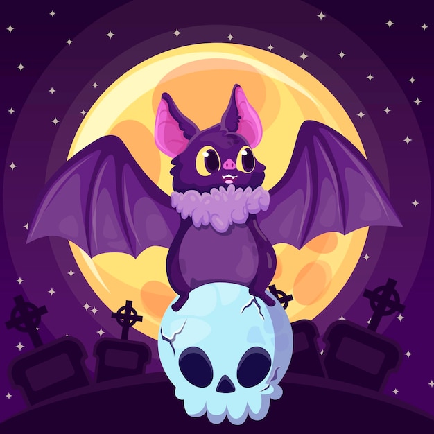 Vector flat design halloween bat on skull