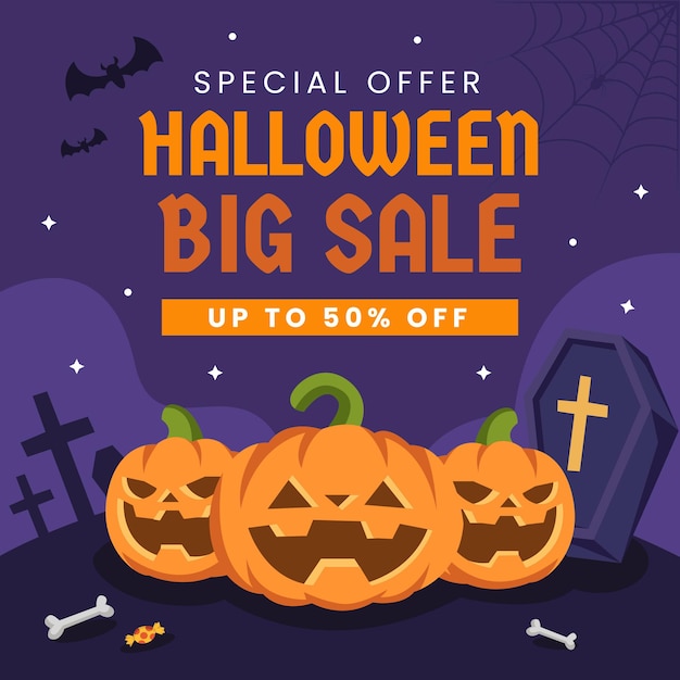 Flat design Halloween Big Sale with discount Vector Illustration