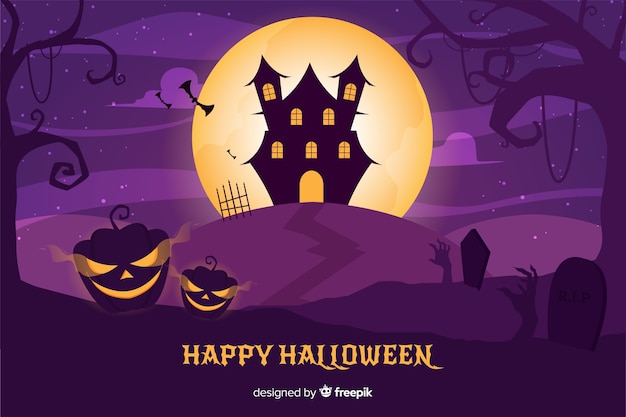 Flat design of halloween haunted house background