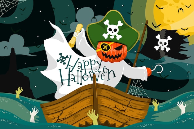 Design piatto di sfondo pirata halloween pumpkind