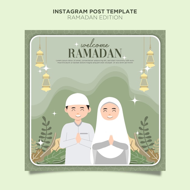 Vettore design piatto disegnato a mano ramadan mubarak instagram post template