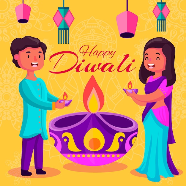 Flat design happy diwali couple holding candles