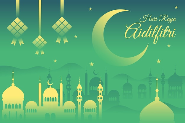 Vector flat design hari raya aidalfitri mosque in the night