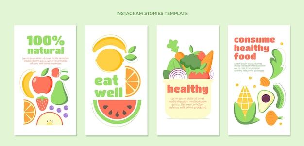 Плоский дизайн рассказов о здоровом питании в instagram