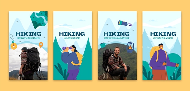 Vector flat design hiking adventure instagram stories