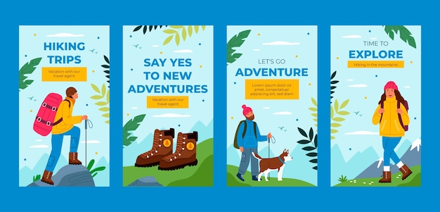 Vettore flat design hiking adventure instagram stories