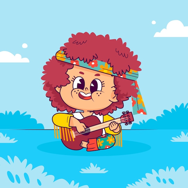 평평한 디자인의 히피 만화 일러스트레이션