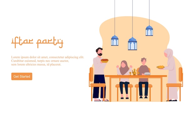 Vector flat design iftar eating after fasting feast party concept. muslim family dinner on ramadan kareem or celebrating eid with people character.