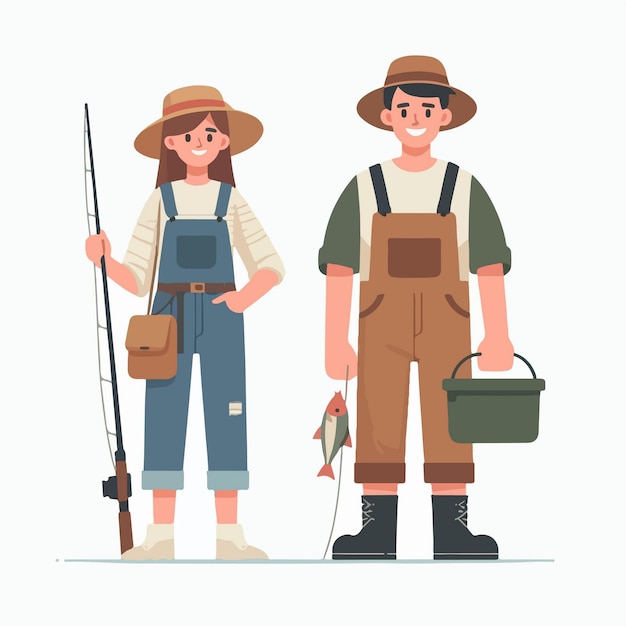 flat design illustration of an angler couple with a fishing tool set