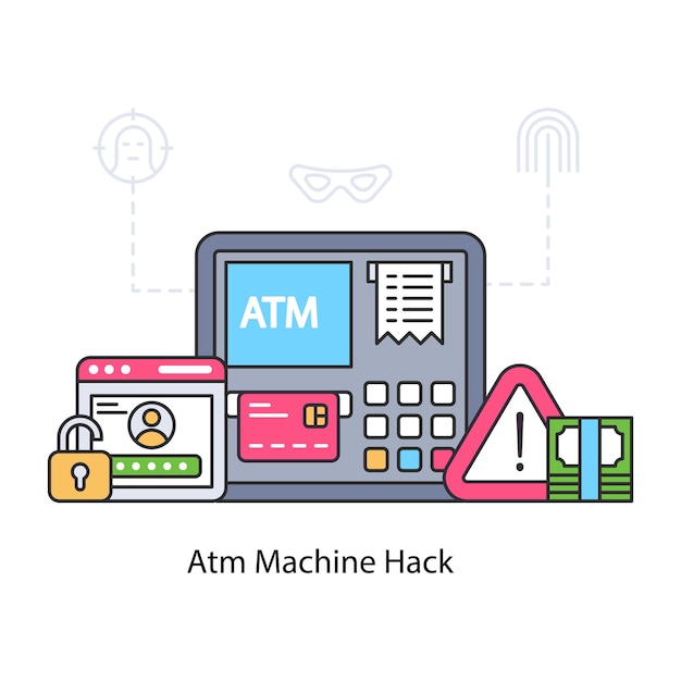 ATM 기계 해킹의 평면 디자인 일러스트