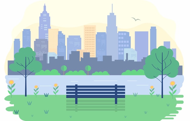 Vector flat design illustration of bench in city park with cityscape in bright day