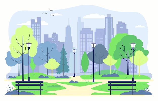 Flat Design Illustration of Bench in City Park with Green Trees