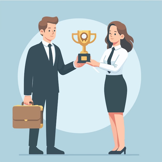 Flat design illustration of a business woman getting a trophy from the boss for performance achievement