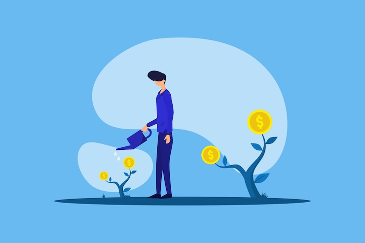वेक्टर flat design illustration of businessman watering money plants and financial growth