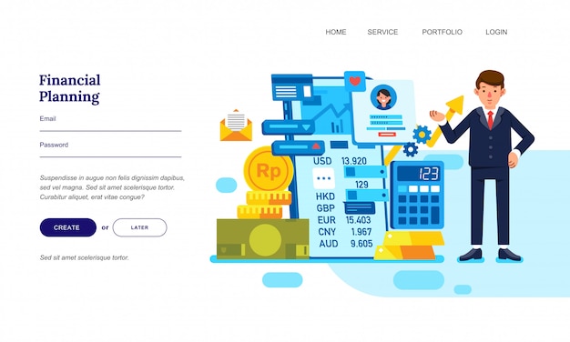 flat design illustration of a businessman with financial planning