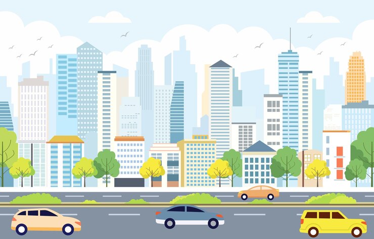 Vector 城市道路交通中的汽车车辆的平面标识与明亮的城市景观