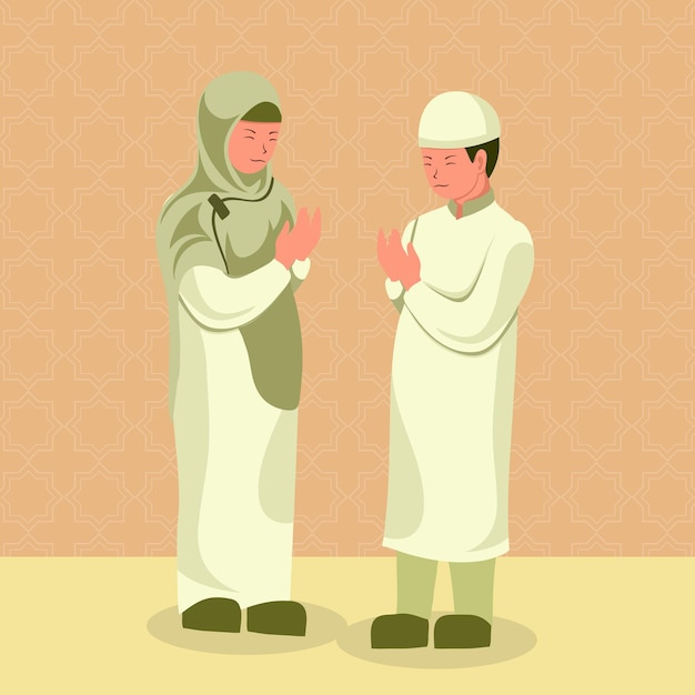 Eid Al_Fitr 1에 어머니로부터 용서를 구하는 아이의 평면 디자인 일러스트