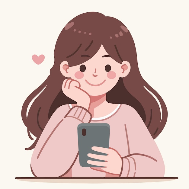 스마트폰에 사랑에 빠진 소녀의 평평한 디자인 일러스트 개념