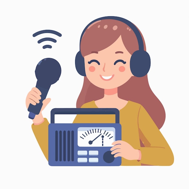 flat design illustration concept of happy girl radio announcer