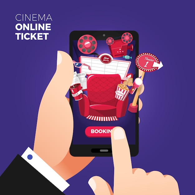 Vector flat design illustration concepts of online cinema ticket order