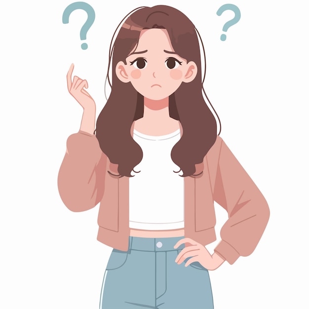 Vector flat design illustration of a confused girl choosing full of question marks