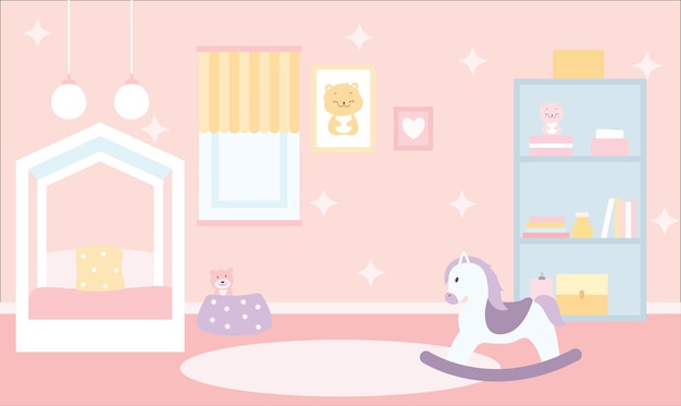 Flat Design Illustration of Cute Pink Bedroom Landscape for Kid Little Girl with Girly Decoration