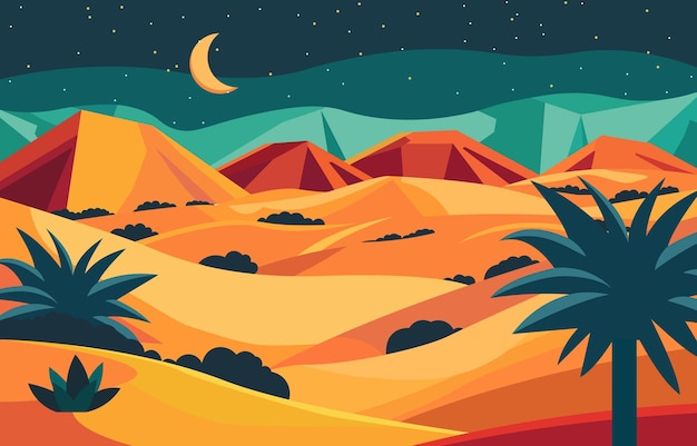 Flat Design Illustration of Dunes in Arabian Desert with Crescent Moon at Night