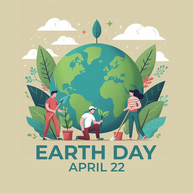 地球日ポスター - 地球の世話や植物の世話をする人々を描いた平面のイラスト