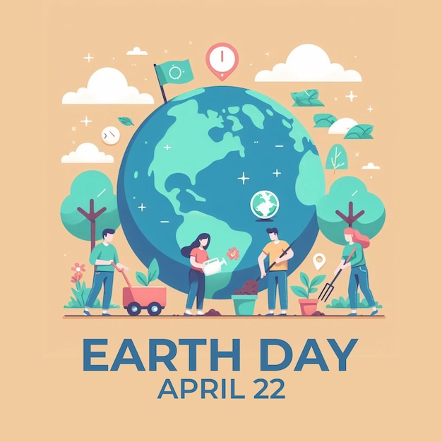 плоская иллюстрация плаката Дня Земли с людьми, заботящимися о земном глобусе и заботящиеся о растениях