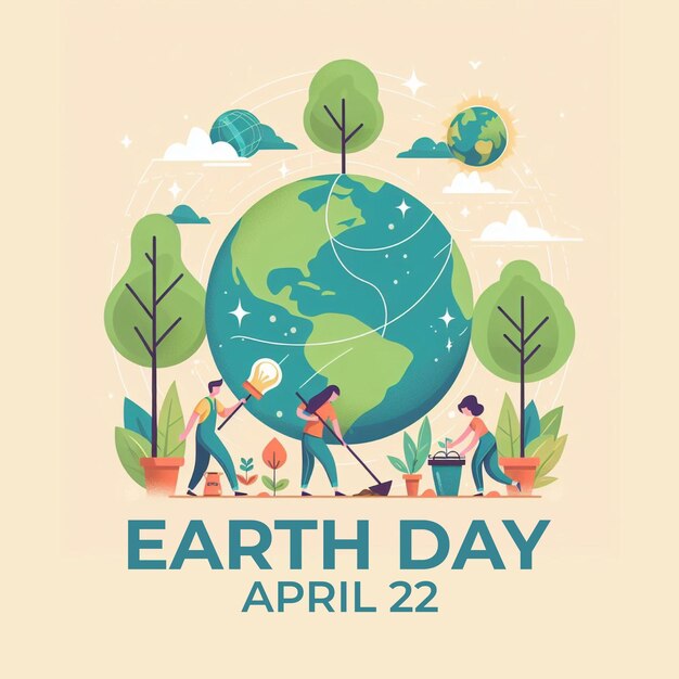 flat design illustration earth day poster with people caring for earth globe and caring for plants