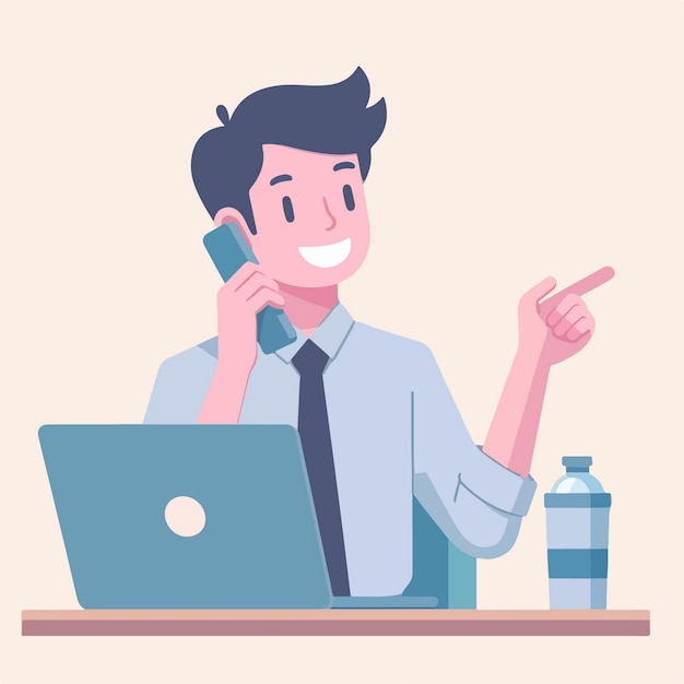 ビジネスコミュニケーションを描いた顧客からの電話を受けるビジネスマンを特徴とするフラットデザインのイラスト