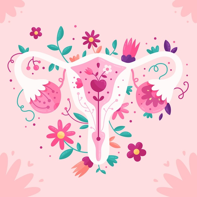 Vector flat design illustration female reproductive system with flowers