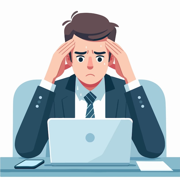 Flat design illustration of a frustrated business man with a hard job