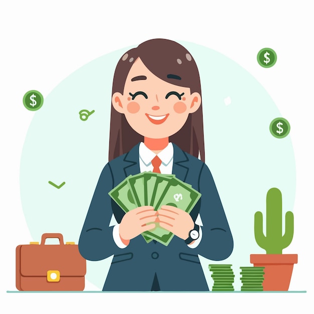flat design illustration of getting a monthly salary Happy business woman earns money