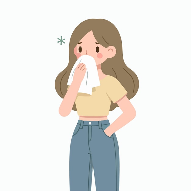 flat design illustration of a girl sneezing and covering her mouth with a tissue prevents spreading viruses and bacteria